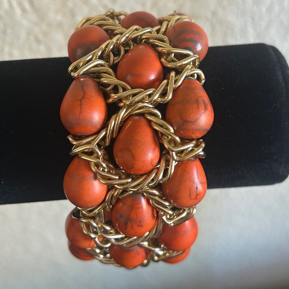 Bold Orange Teardrop Bead & gold chain statement bracelet - Chunky Cuff Style